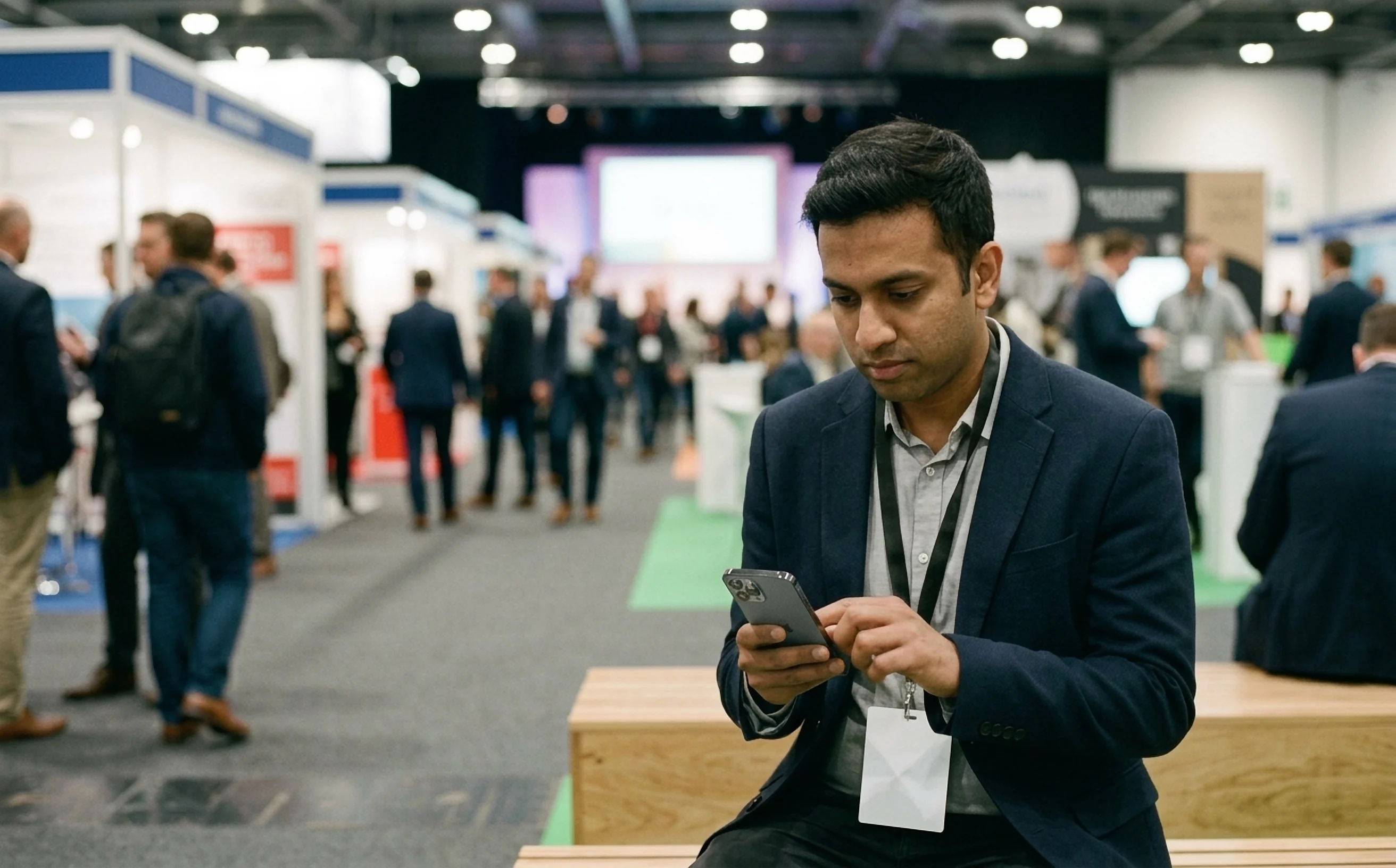A conference visitor on a bench types feedback on his phone.
