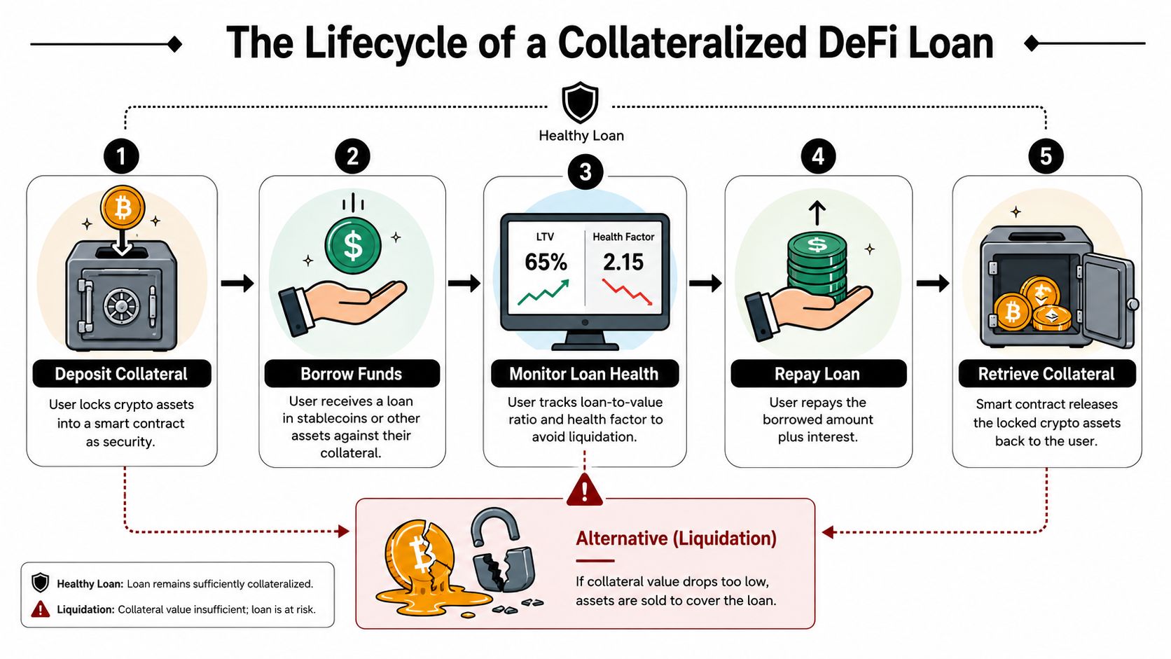 A diagram illustrating the five-step lifecycle of a collateralized DeFi loan process from deposit to retrieval.