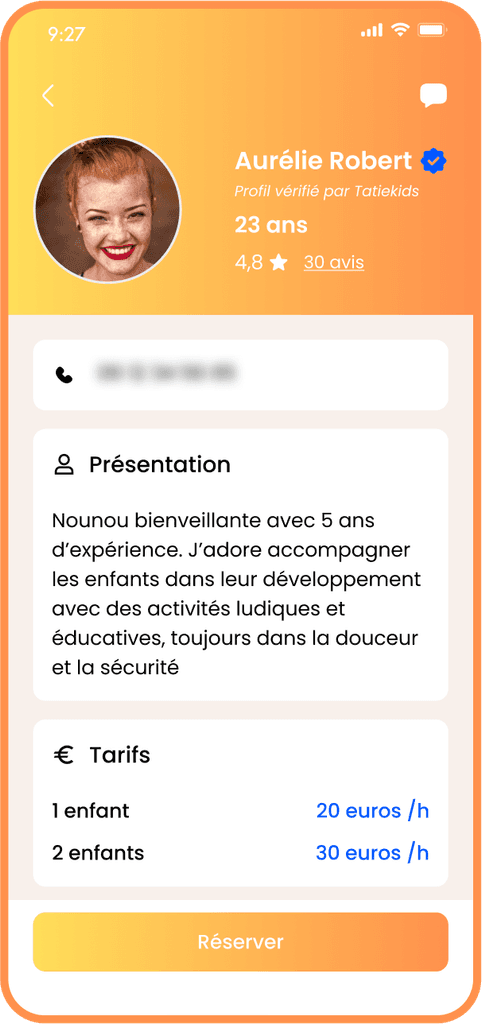 écran de téléphone de l'application tatiekids qui représentre le profil vérifié d'une tatie