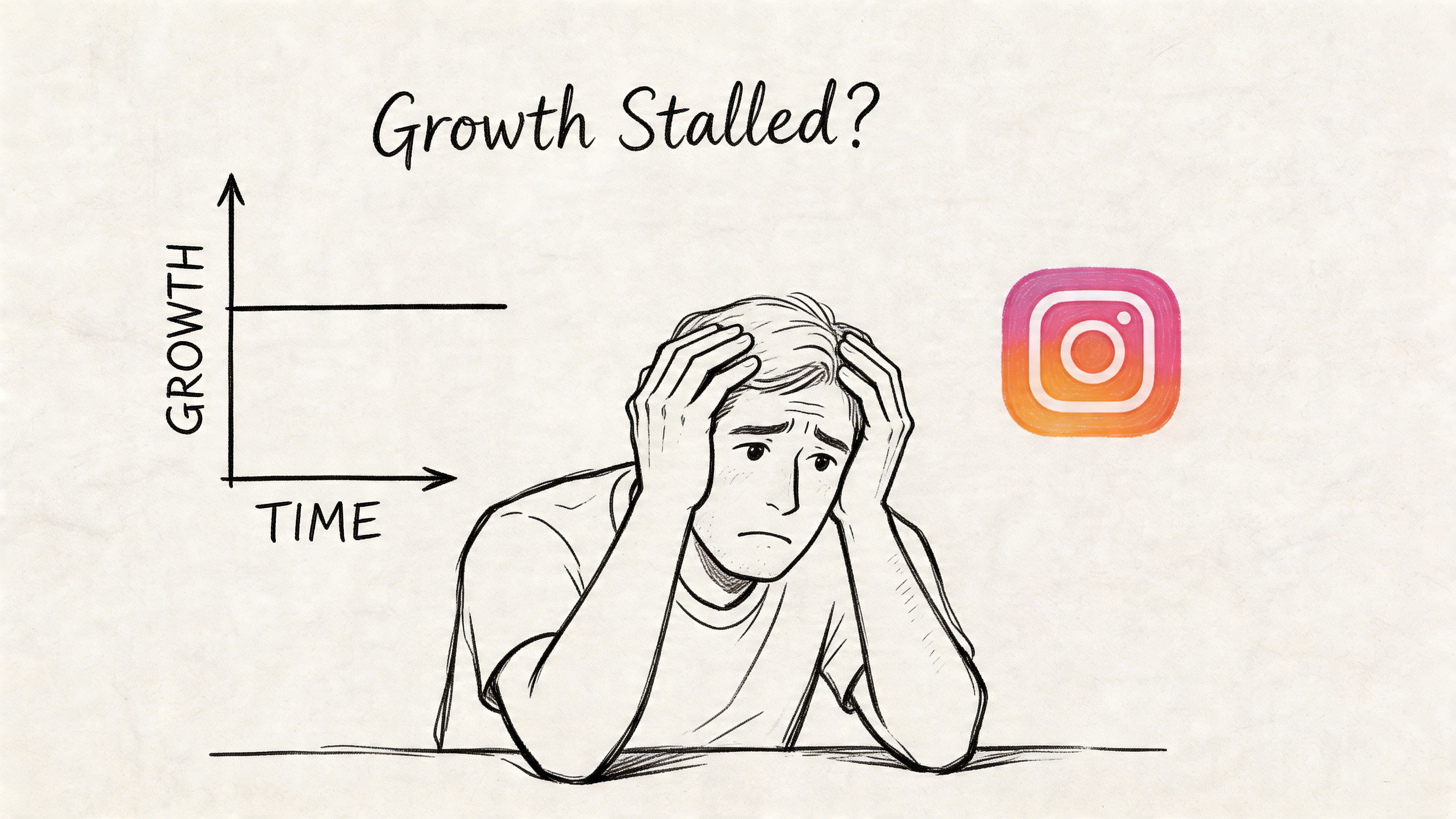A hand-drawn illustration of a stressed person looking at a flat growth chart and the Instagram logo.