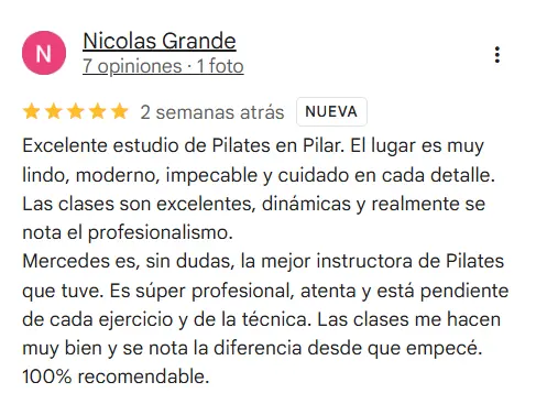 Reseña de 5 estrellas de Nicolás de MZ Pilates en Google