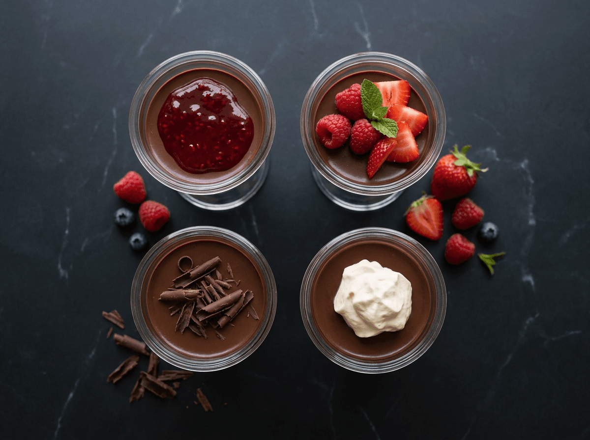 Four chocolate panna cottas with different toppings in glass cups