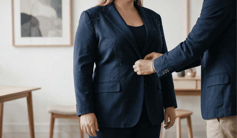 Tailor adjusting a navy blue suit jacket with pinned seams on a client during a custom fitting