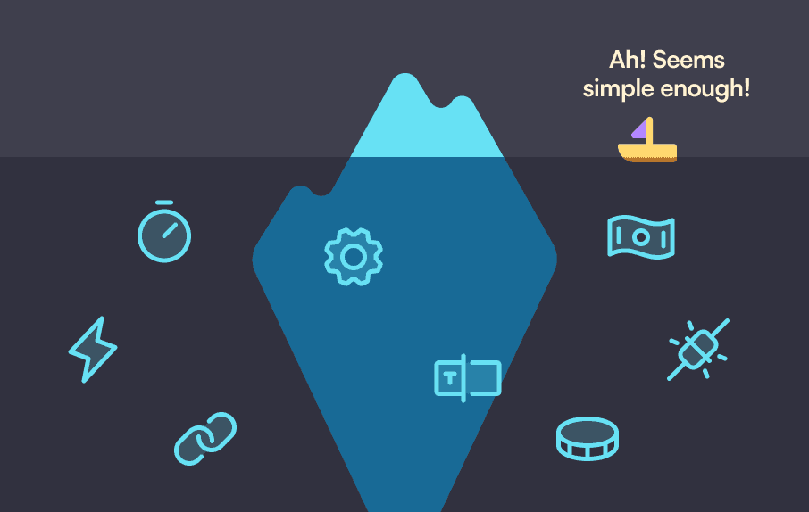 Iceberg chart showing a sailboat on top and gears, clock, money, and other icons submerged.