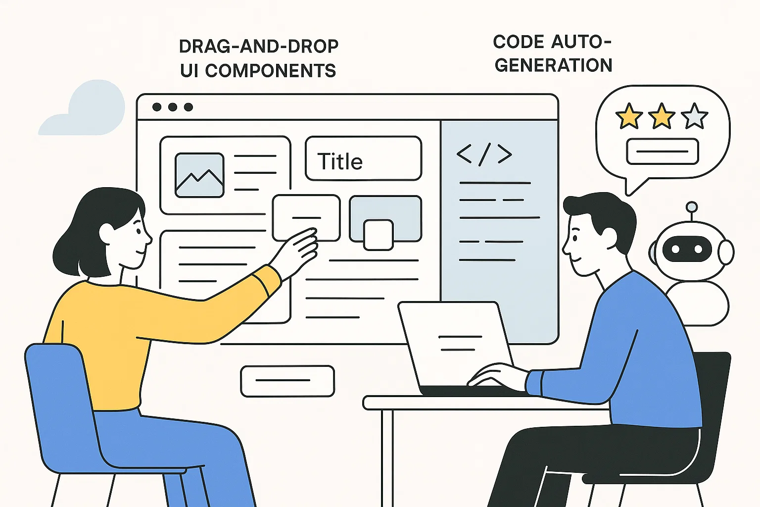 Low-code enterprise UI design with drag-and-drop components and AI-powered code auto-generation shown by designers and developers collaborating.