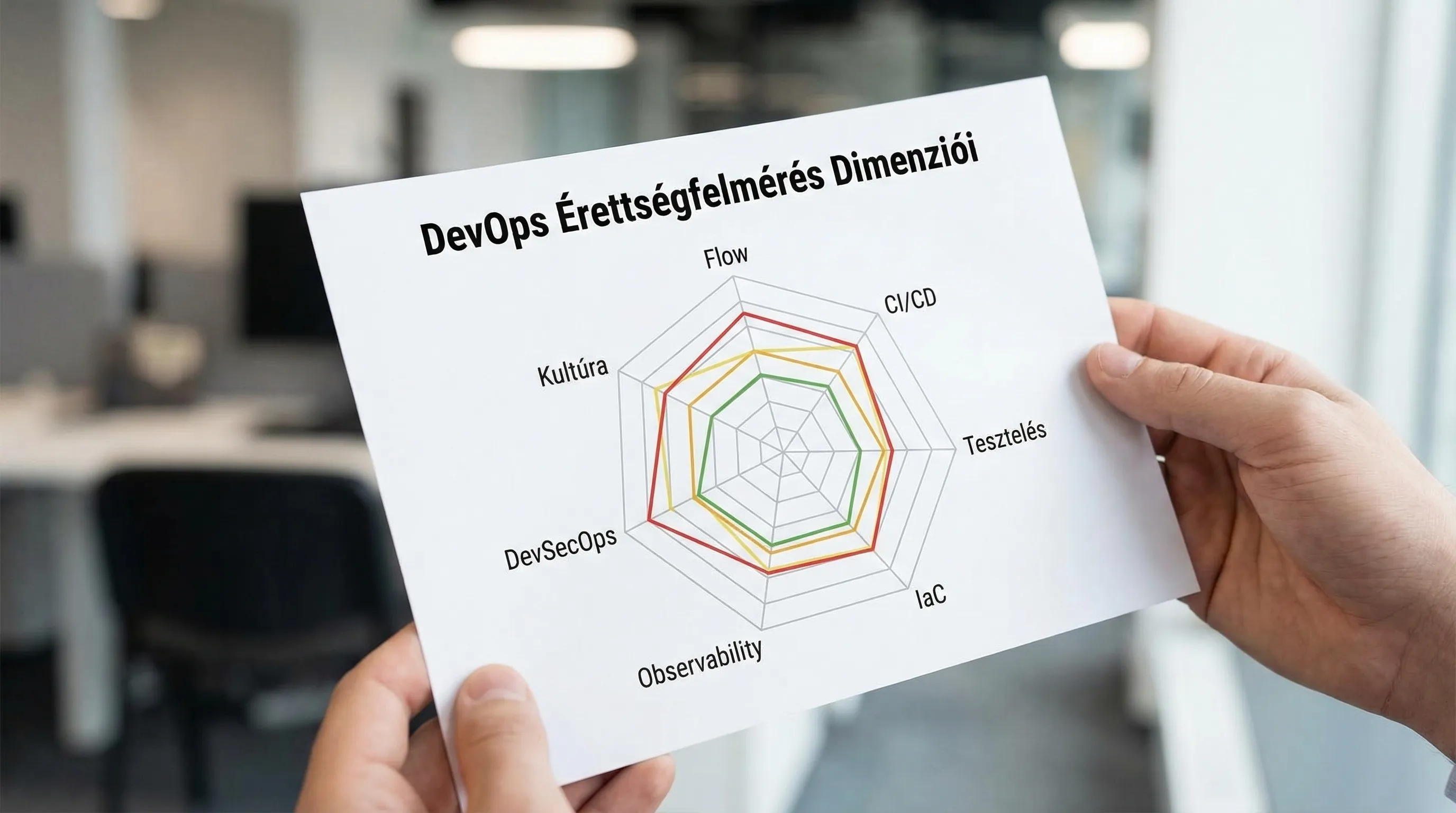 Egyszerű radar jellegű ábra egy DevOps érettségfelmérés dimenzióiról: Flow, CI/CD, Tesztelés, IaC, Observability, DevSecOps, Kultúra.