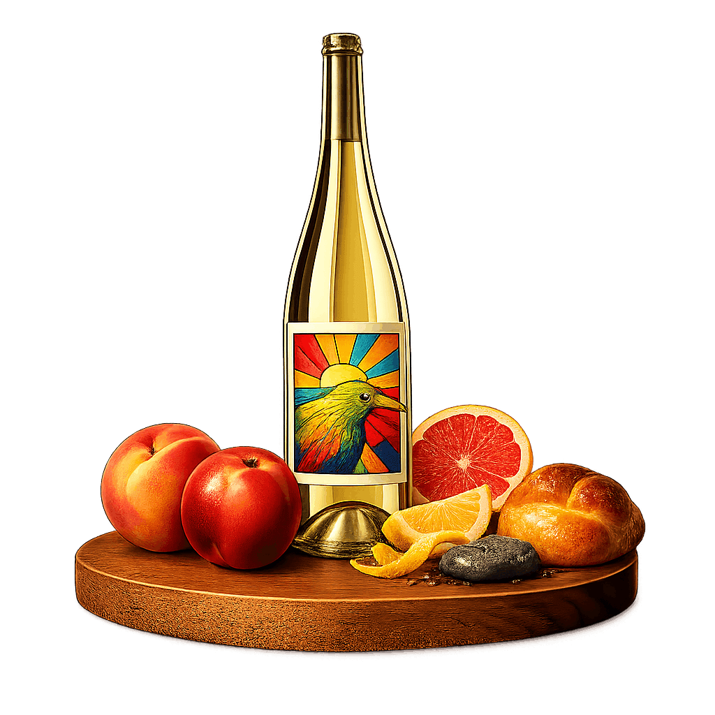 Artistic label and flavor profile for New Zealand Chardonnay on a rustic wooden table.