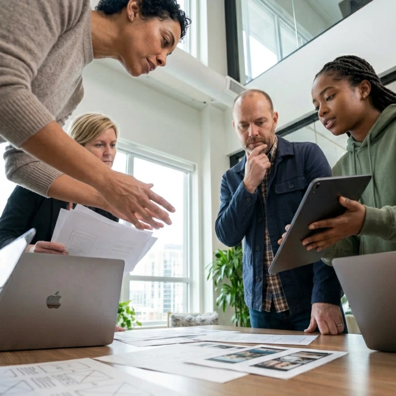 Équipe de consultants en agence analysant des tableaux de bord, des indicateurs de performance et des parcours utilisateurs sur plusieurs écrans et tablettes, illustrant notre expertise en Stratégie de comm 360° pour garantir une narration mesurable et activable.