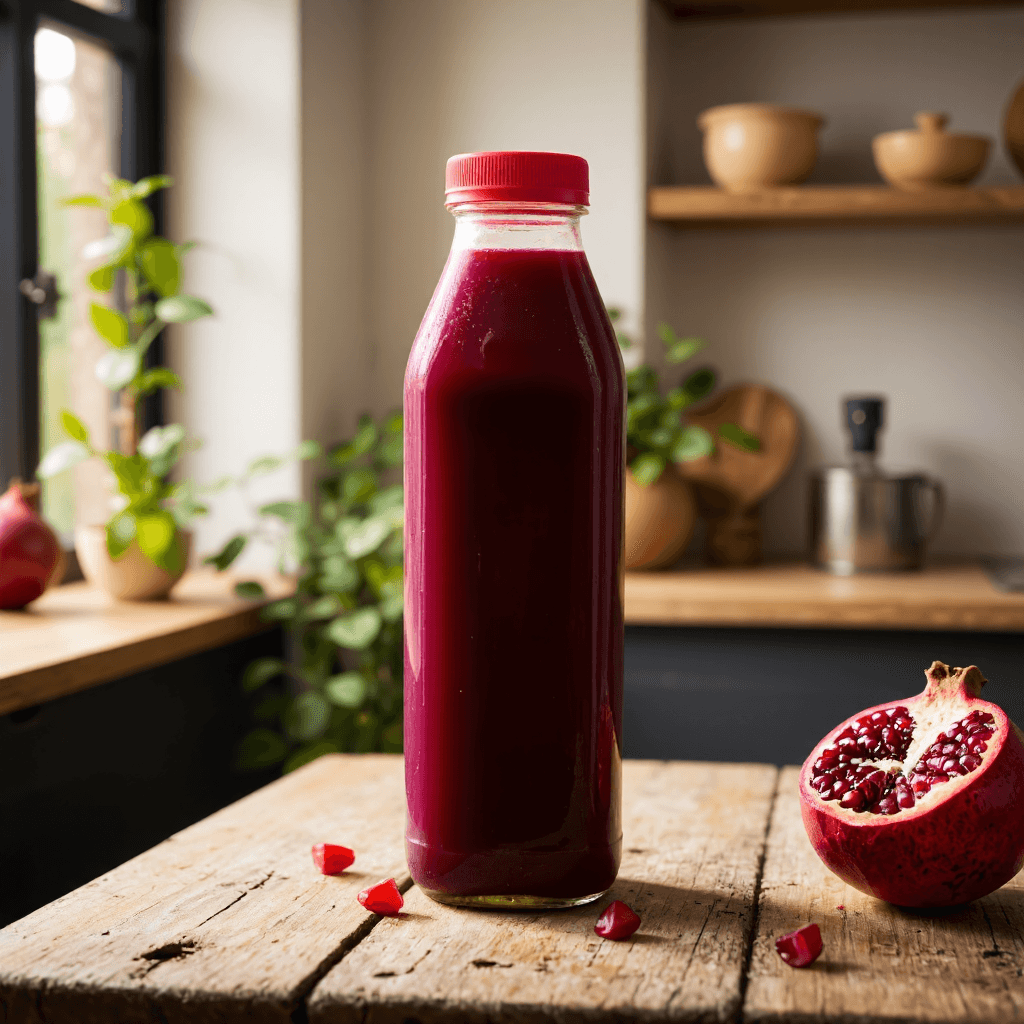 product photography of bottle of pomegranate juice