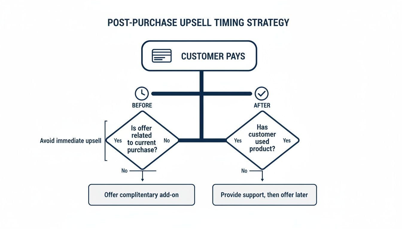 Post-purchase upsell strategy flowchart detailing timing based on product relatedness and customer usage.