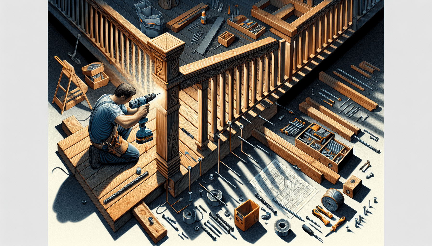 Illustration of railing repair on a deck