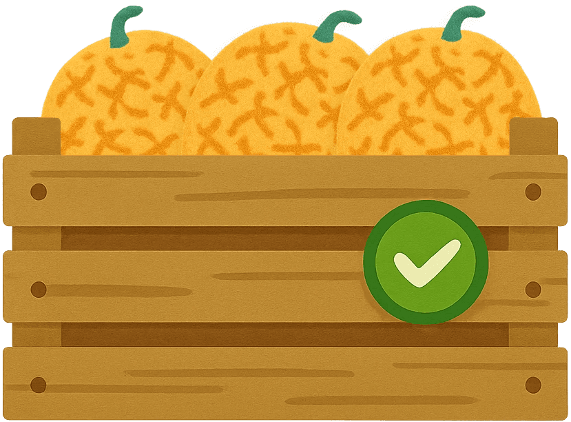 Holzkiste mit Melonen und einem Qualitäts und Prüfungssiegel