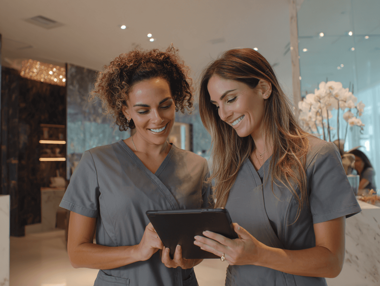 MedSpa owner and provider reviewing performance metrics together on a tablet, representing ClinicROI’s Provider View that ties bookings and revenue to each team member with clarity and fairness.