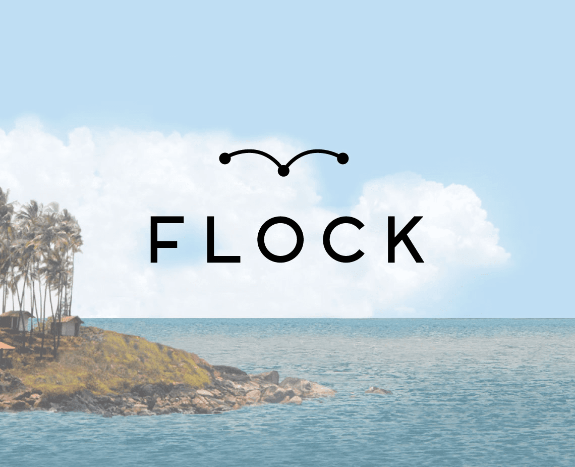 A silver Apple iMac computer displaying the Flock website, featuring a search bar labeled "Search friends" against a scenic background of a lake and mountains, with a prompt to select up to 10 friends.