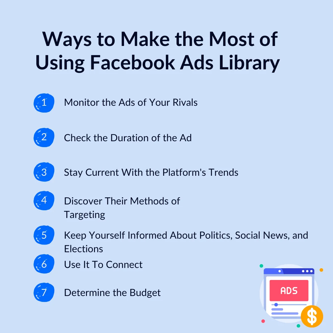 An infographic on how to make most use of Facebook Ads Library
