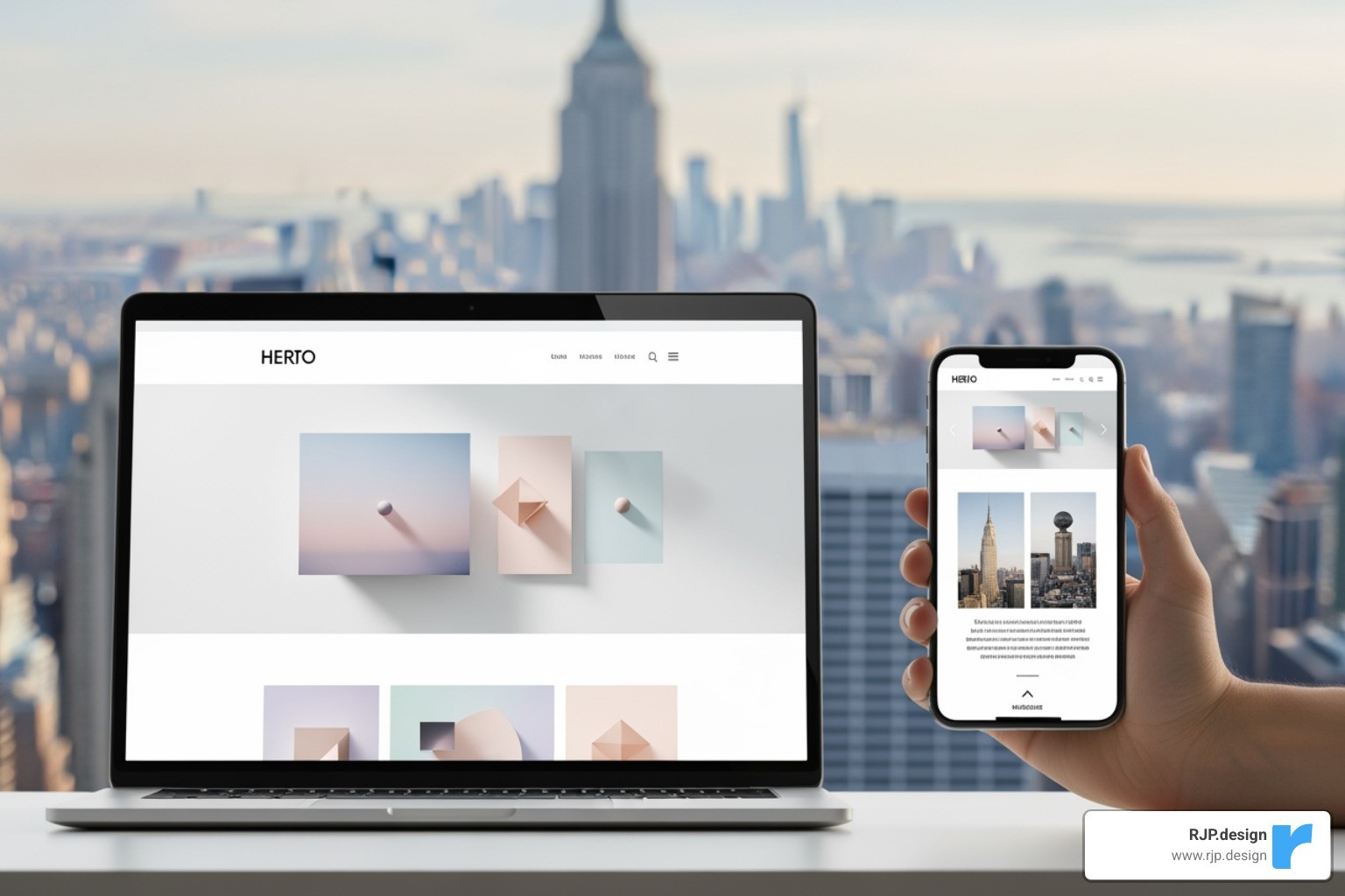 Sleek, mobile-responsive website design on phone and desktop with NYC imagery - web design new york ny