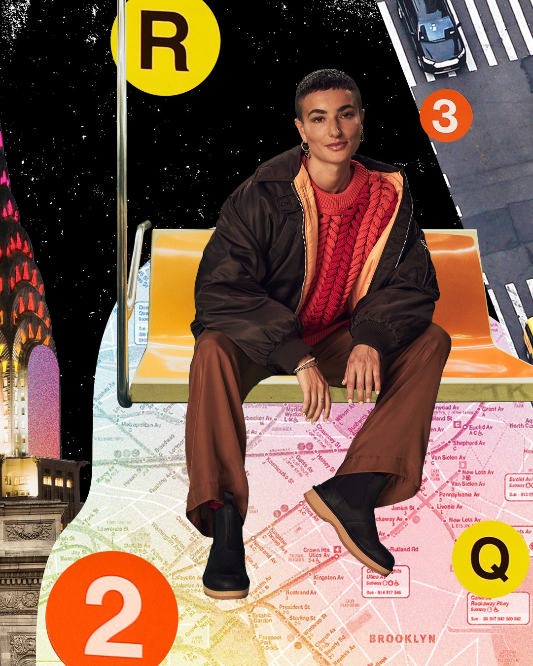 A model poses in a green screen animated take on New York's Subway. Photo produced by Shahed Khaddash.