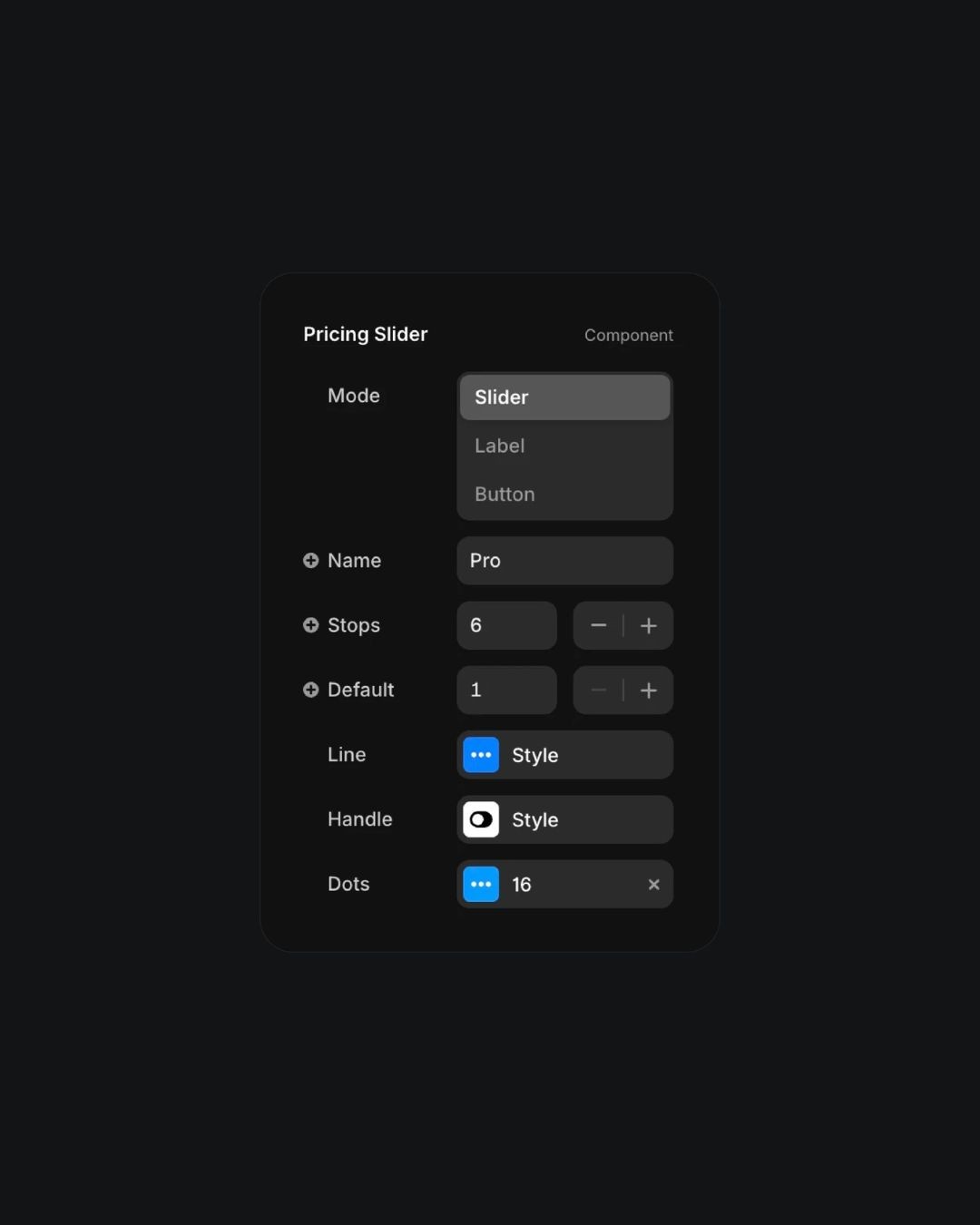 User interface of a 'Pricing Slider' component with options for 'Mode', 'Name', 'Stops', 'Default', 'Line', 'Handle', and 'Dots', designed for setting and customizing price levels