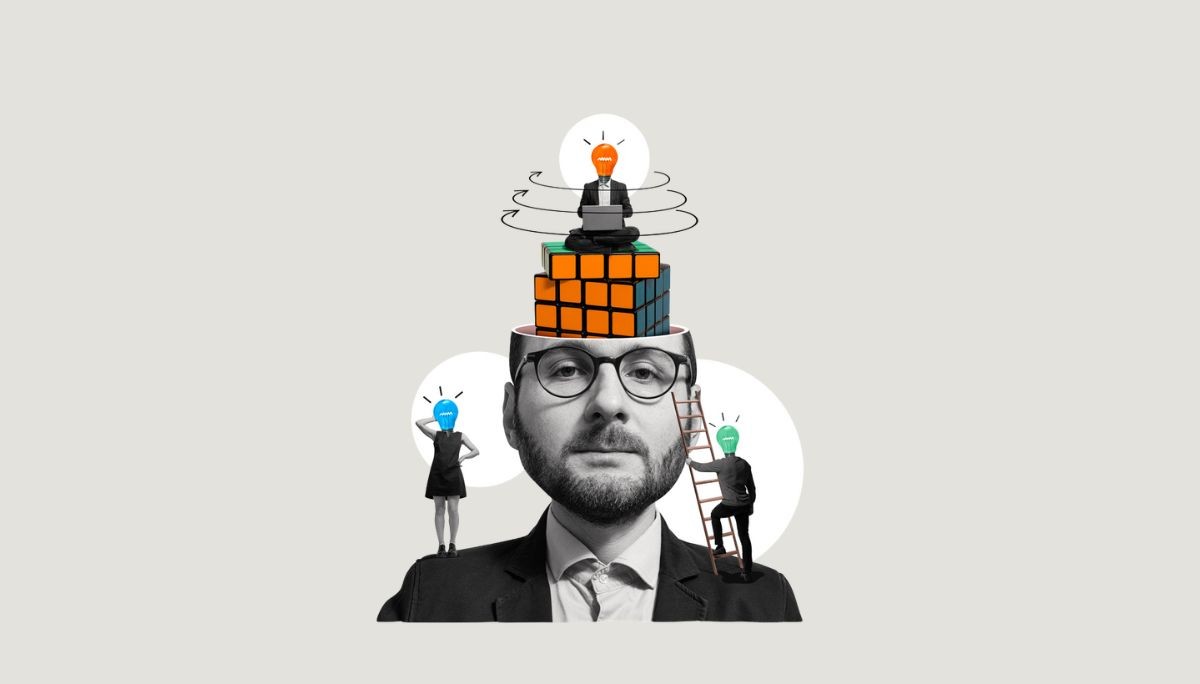 Creative collage of professional with Rubik’s Cube brain and light bulb figures, symbolizing building an AI team and key roles to hire first.