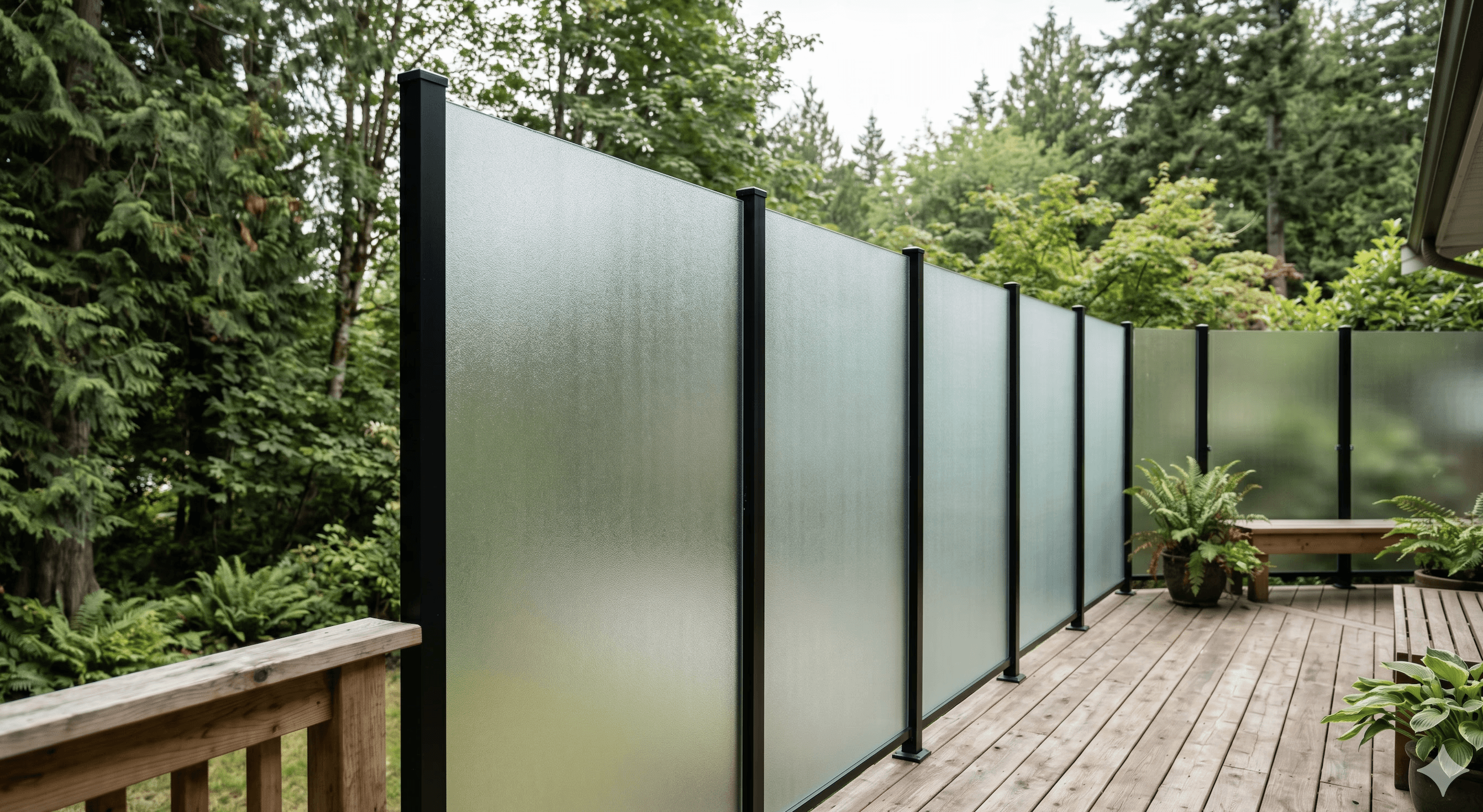 Frosted glass privacy walls with black aluminum posts on a wood deck surrounded by trees