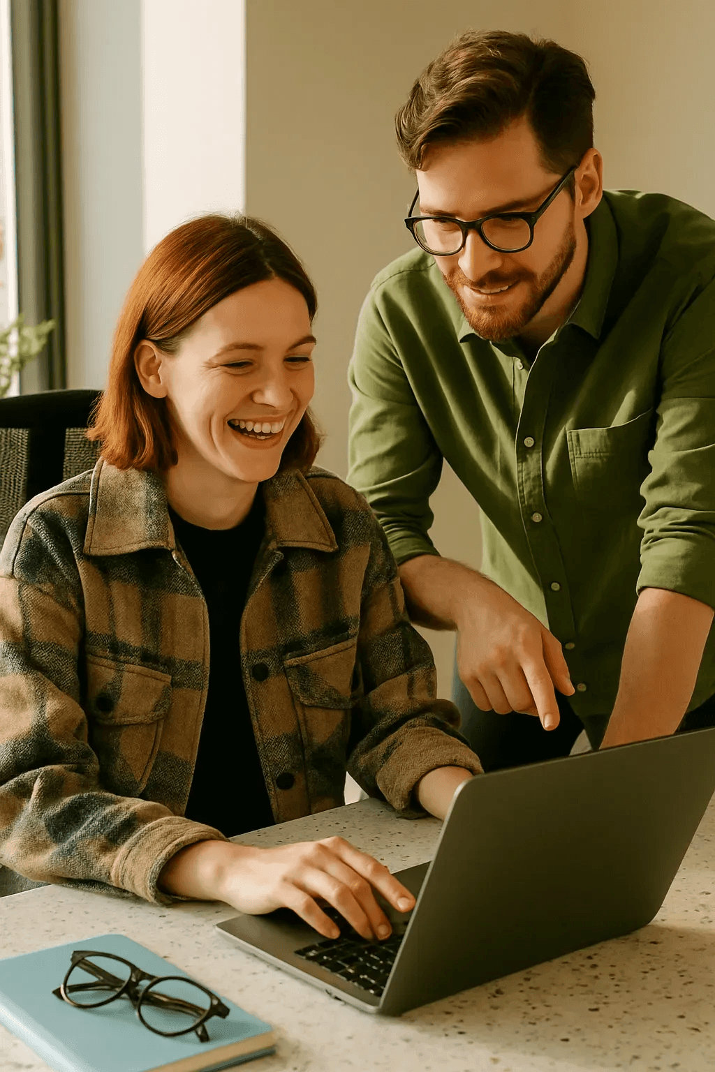 Two colleagues smiling and collaborating at a laptop in a bright office.