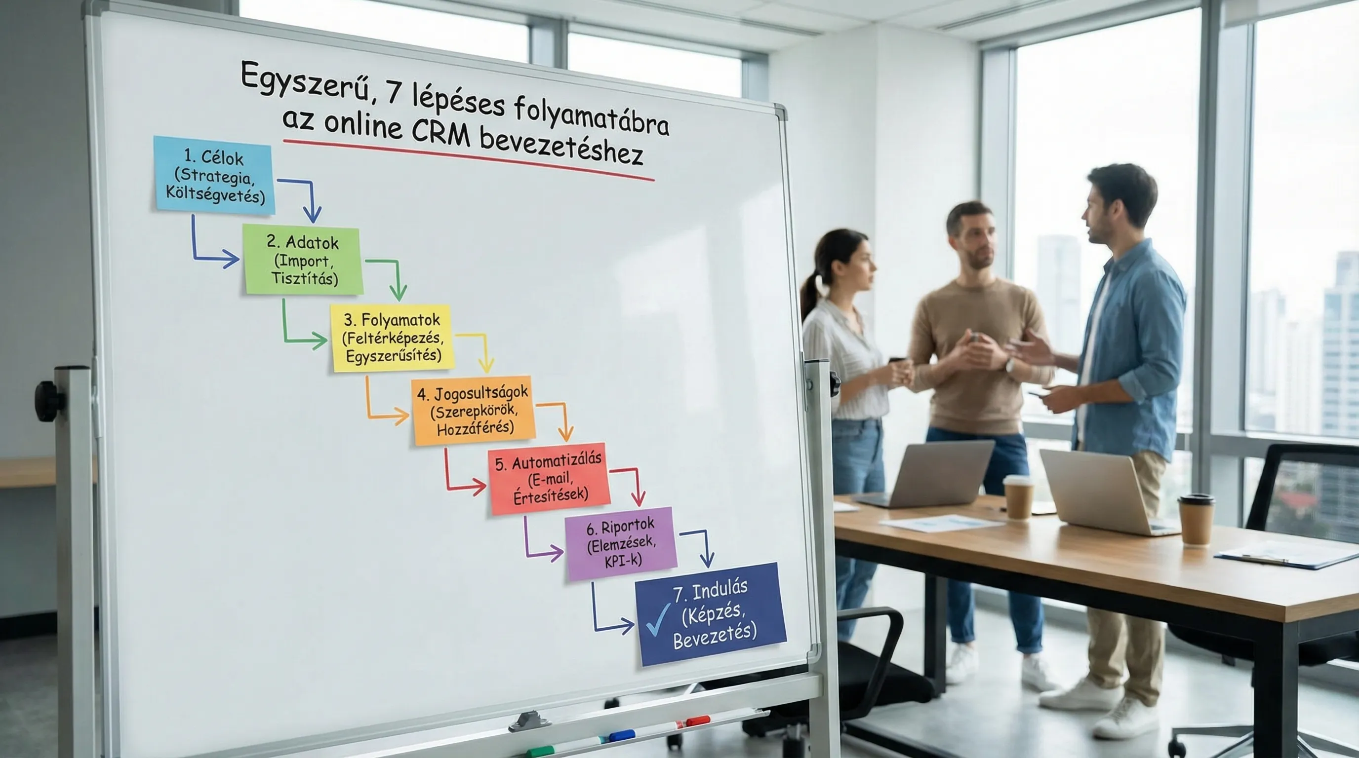 Egyszerű, 7 lépéses folyamatábra az online CRM bevezetéshez: célok, adatok, folyamatok, jogosultságok, automatizálás, riportok, indulás.