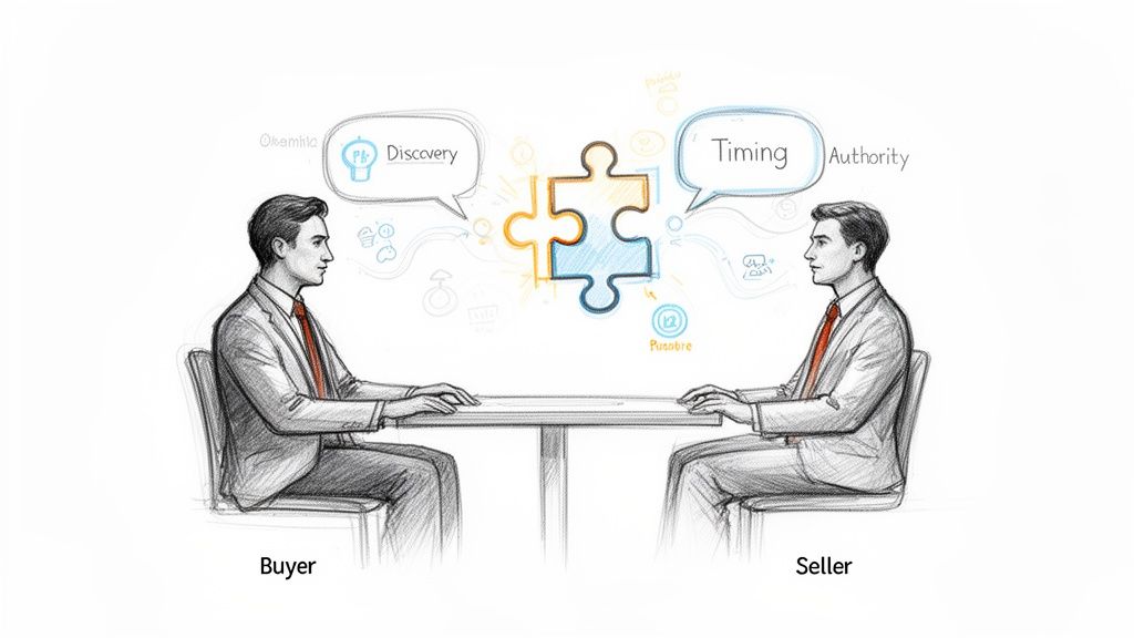 Buyer and seller discussing discovery and timing, connecting with a central puzzle piece.
