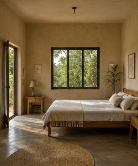 Earth-toned living room with textured walls, beige sofa, dark wood table, and natural light.