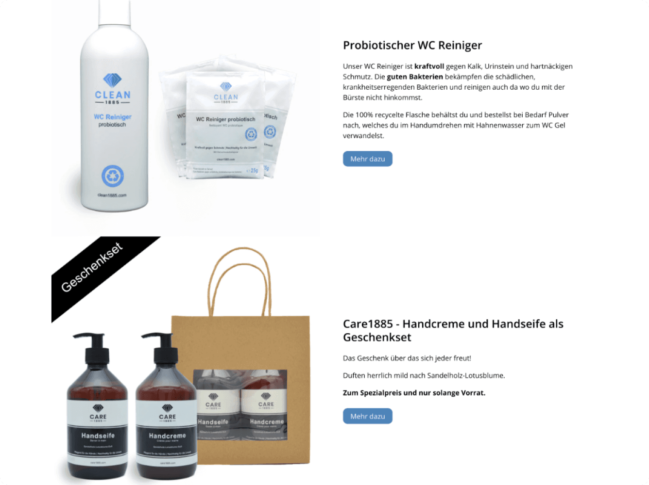 Clean 1885 product category grid showing six categories: Reinigungsmittel, Waschmittel, Spültabs, Handseife and Creme, Nachfüllartikel, and Zubehör, each with a product photo and a "Jetzt ansehen" button