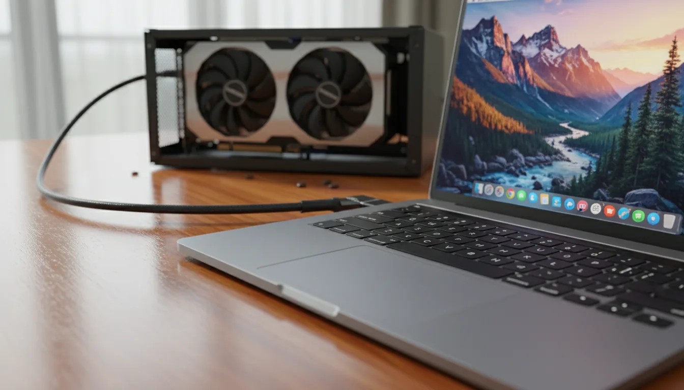 DSLR photo, close-up shot of a space gray Macbook Pro on a polished wood grain desk, connected via a black cable to an external GPU setup. The Macbook's keyboard and Touch Bar are in sharp focus in the foreground. In the background, an NVIDIA GeForce GTX 980 Ti graphics card is slightly out of focus, creating a shallow depth of field. The scene is illuminated by soft, natural daylight. The laptop screen displays a vibrant mountain landscape wallpaper.