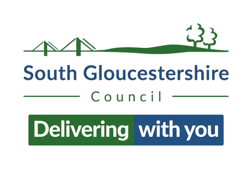 Logo featuring the text "South Gloucestershire Council" in green, with "Delivering with you" highlighted in blue below.