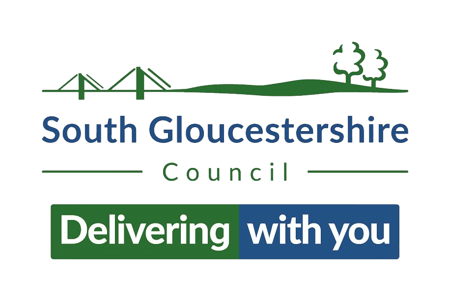 Logo featuring the text "South Gloucestershire Council" in green, with "Delivering with you" highlighted in blue below.