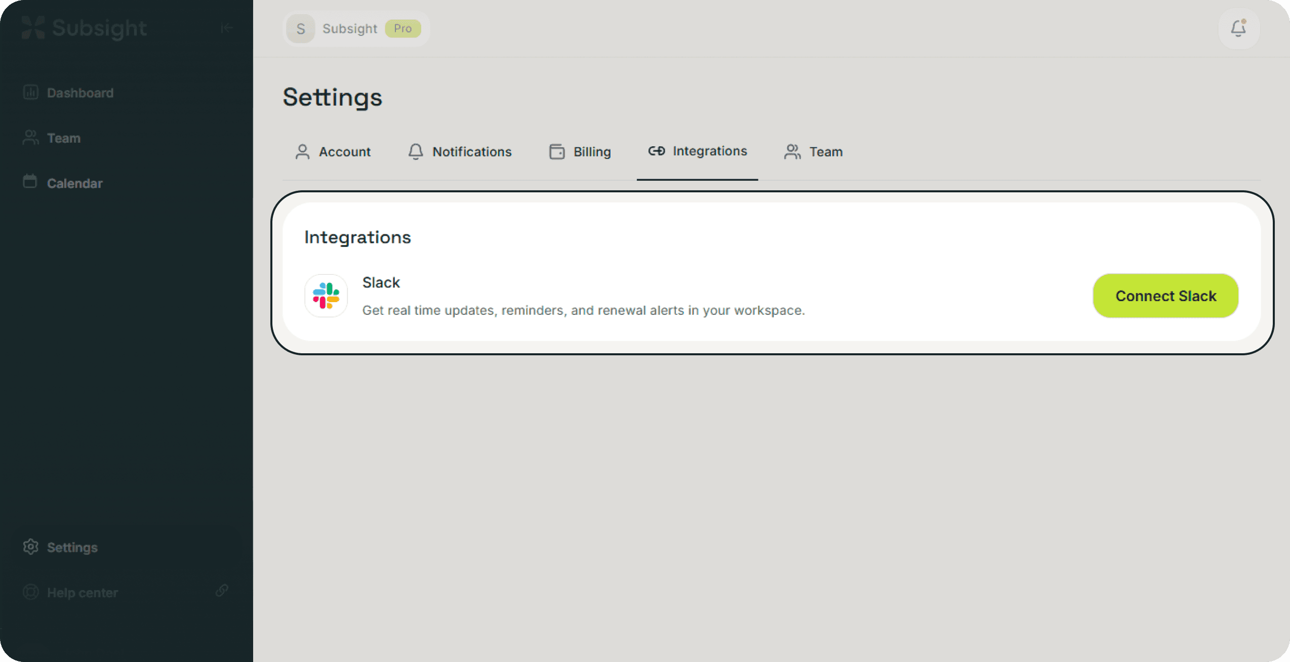 Subsight settings page with integrations tab open and connect Slack button visible.