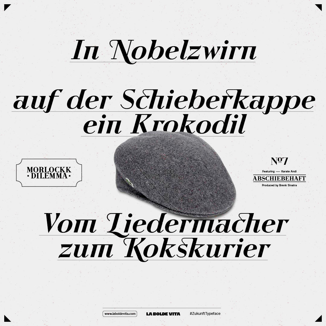 a lyrical citation set in Zukunft Italic in a black and white composition