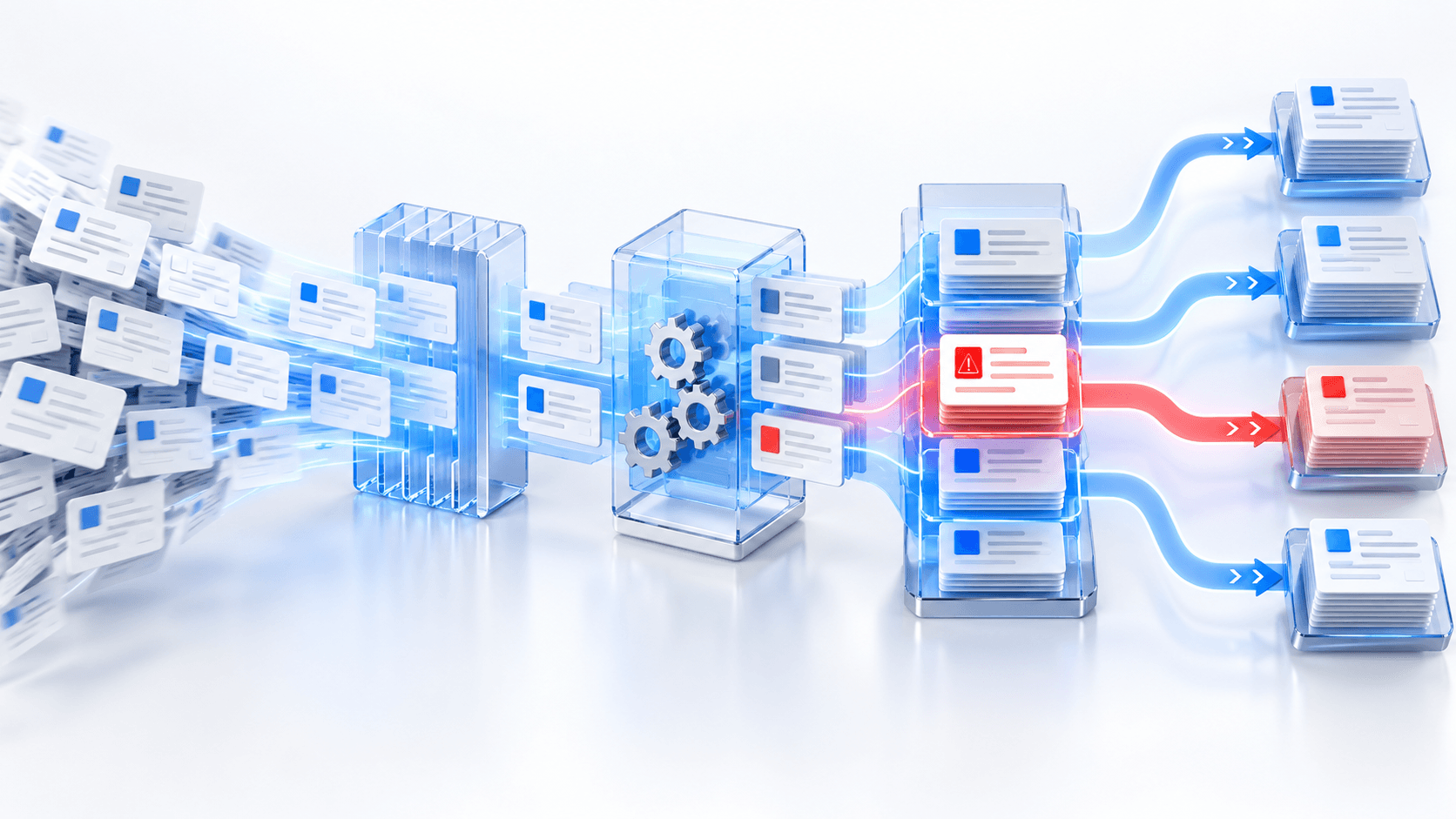 Enterprise IT tickets being classified and routed into specialist queues with one urgent ticket highlighted