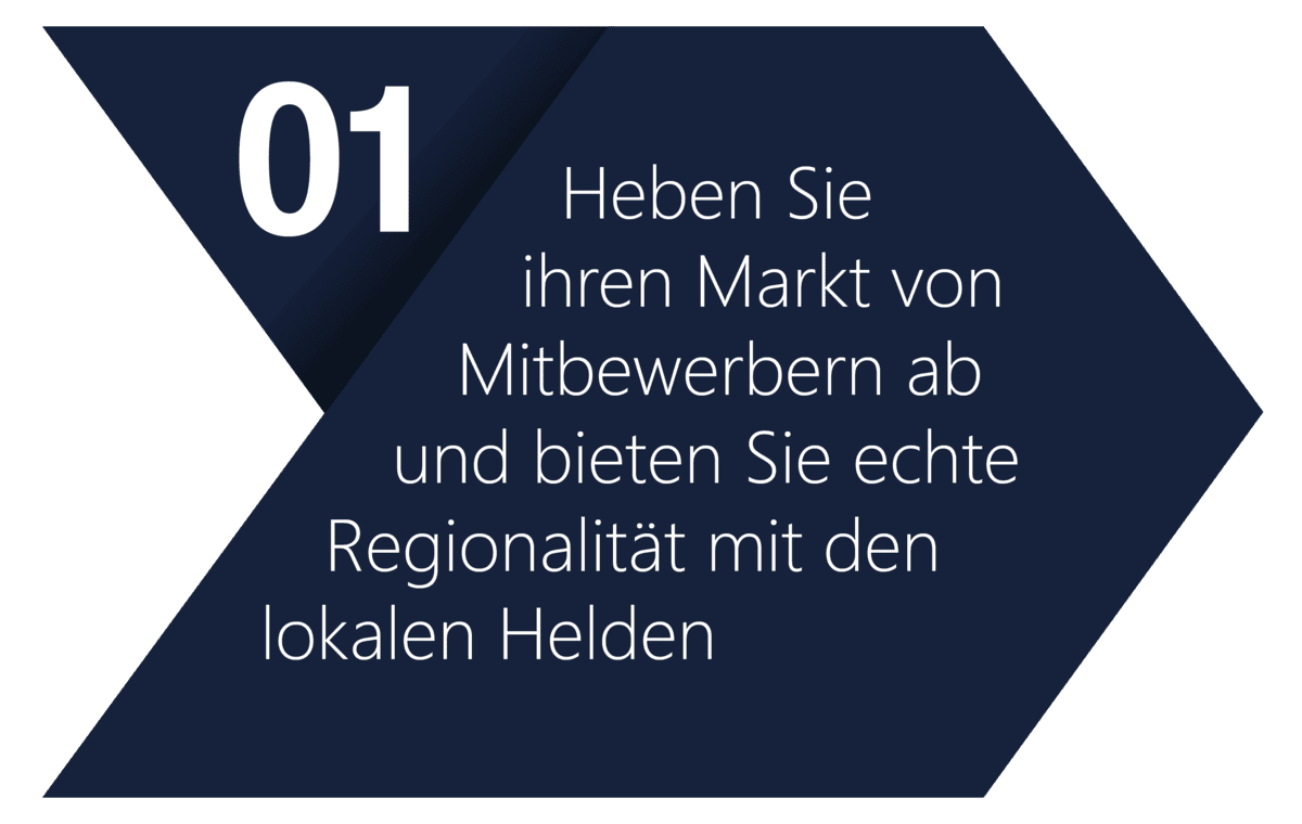 1) Heben Sie ihren Markt von Mitbewerbern ab und bieten Sie echte Regionalität mit den lokalen Helden