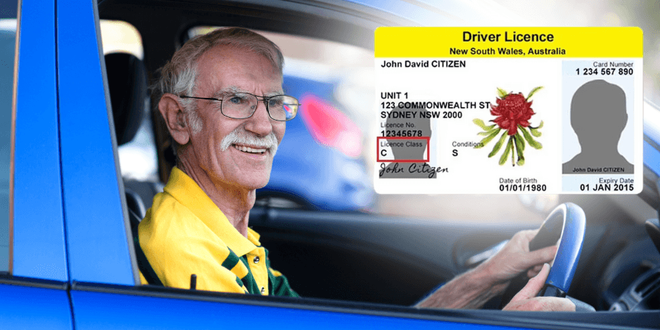 Older driver driving a vehicle. Image of a licence is also superimposed to the photo.