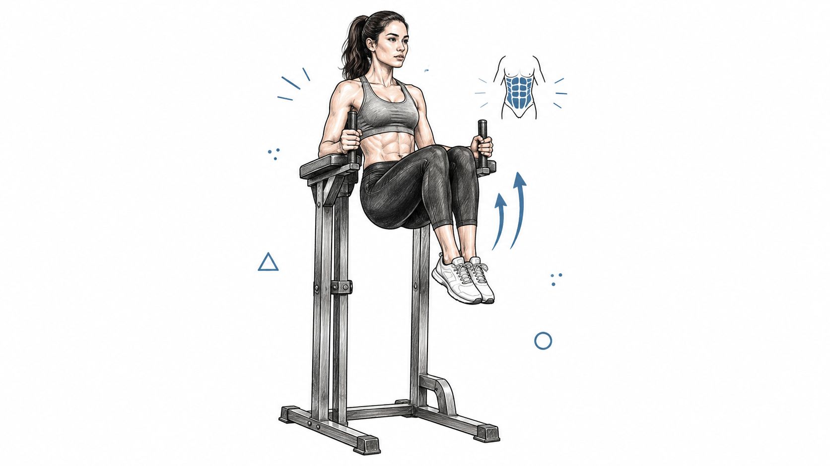 A woman performing a hanging leg raise exercise on a vertical knee raise station to target abs.