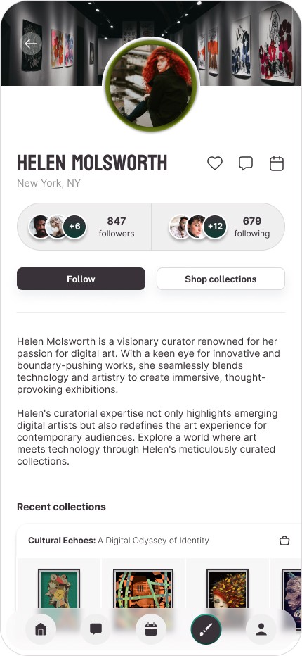 A curator's profile page showcasing her network, bio, recent collections and tools to connect directly.