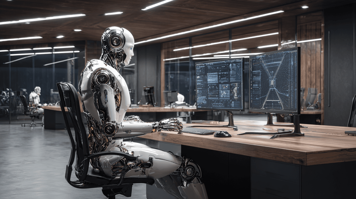 Humanoider Roboter arbeitet an einem Computer in einem modernen Büro mit mehreren Monitoren.