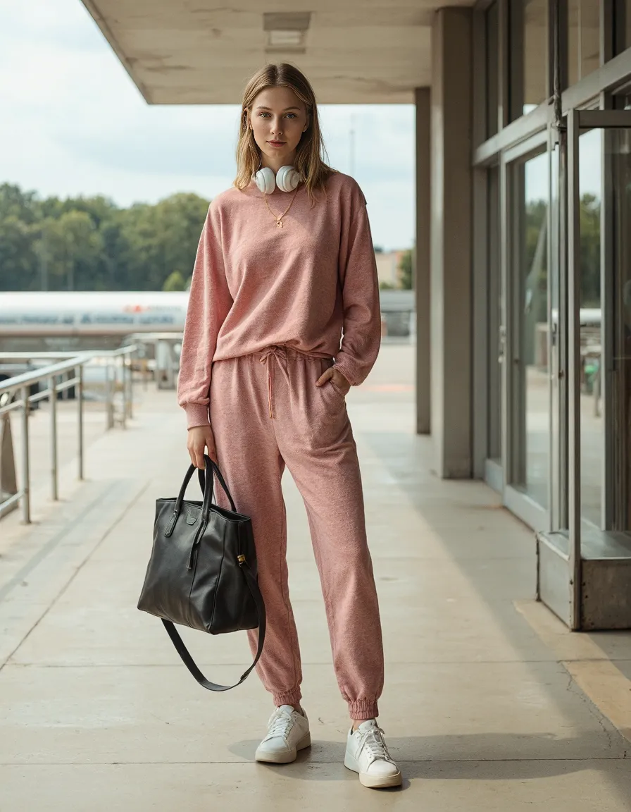 Person in rose pink loungewear set with white headphones and black leather tote, standing in modern transit corridor with natural light