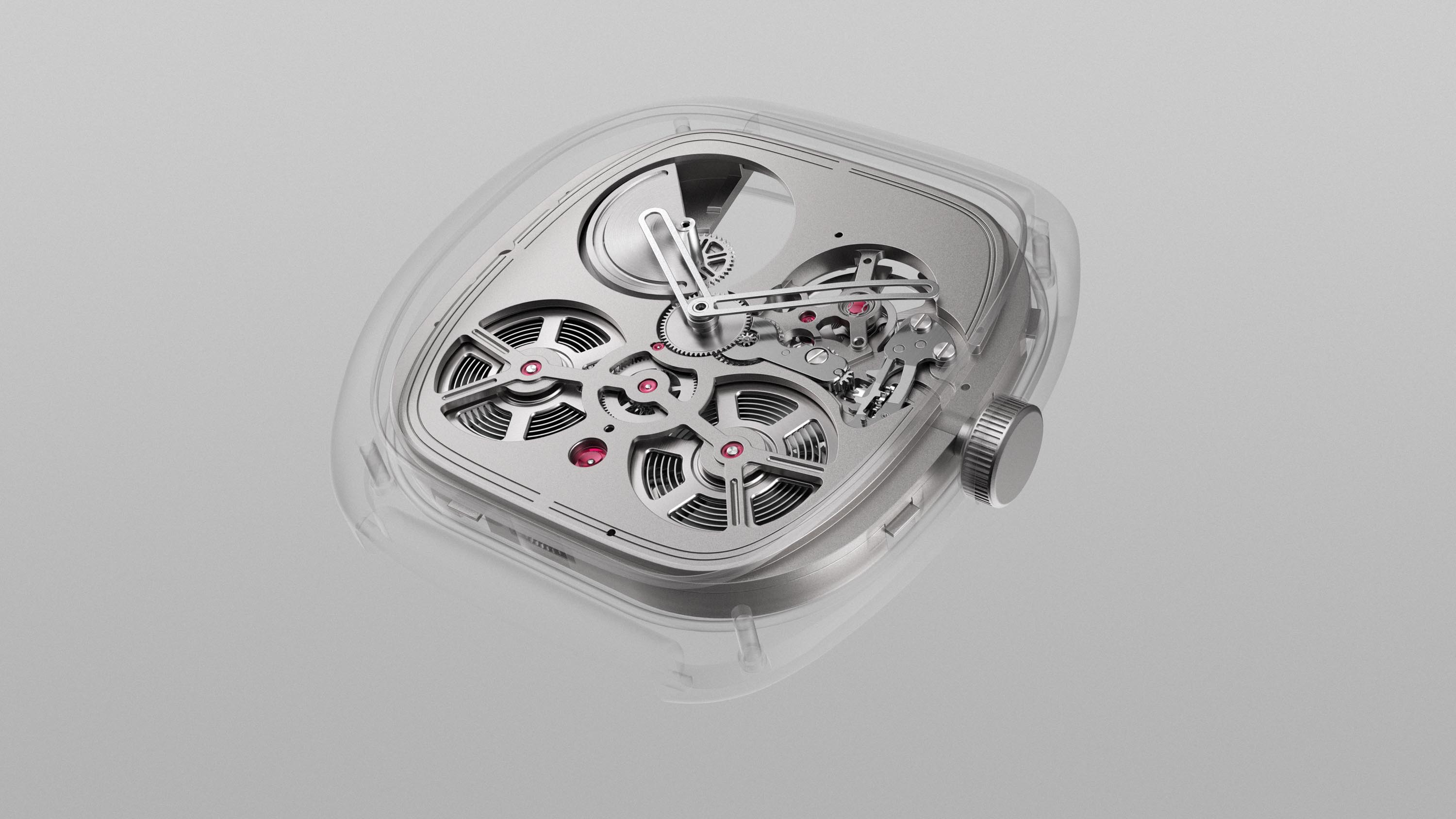 Rendering frontale del movimento in titanio dell'orologio WRK ACF-02 con effetto ghost