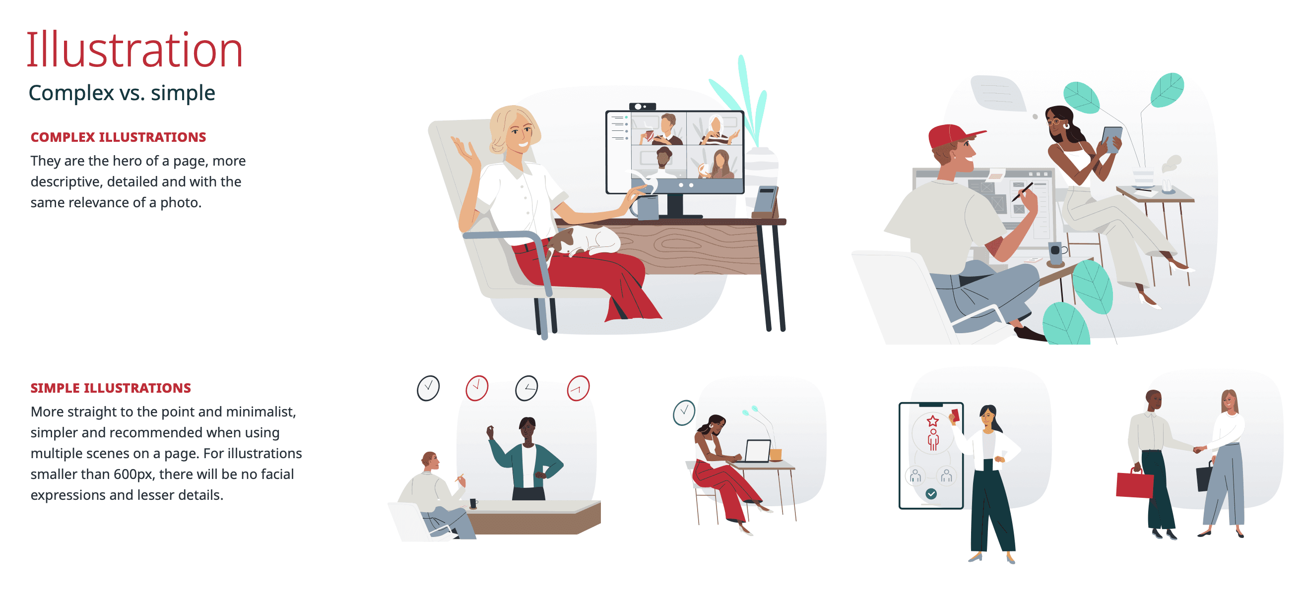 Example of Corporate brand illustrations, groups of people on the same style on different activities
