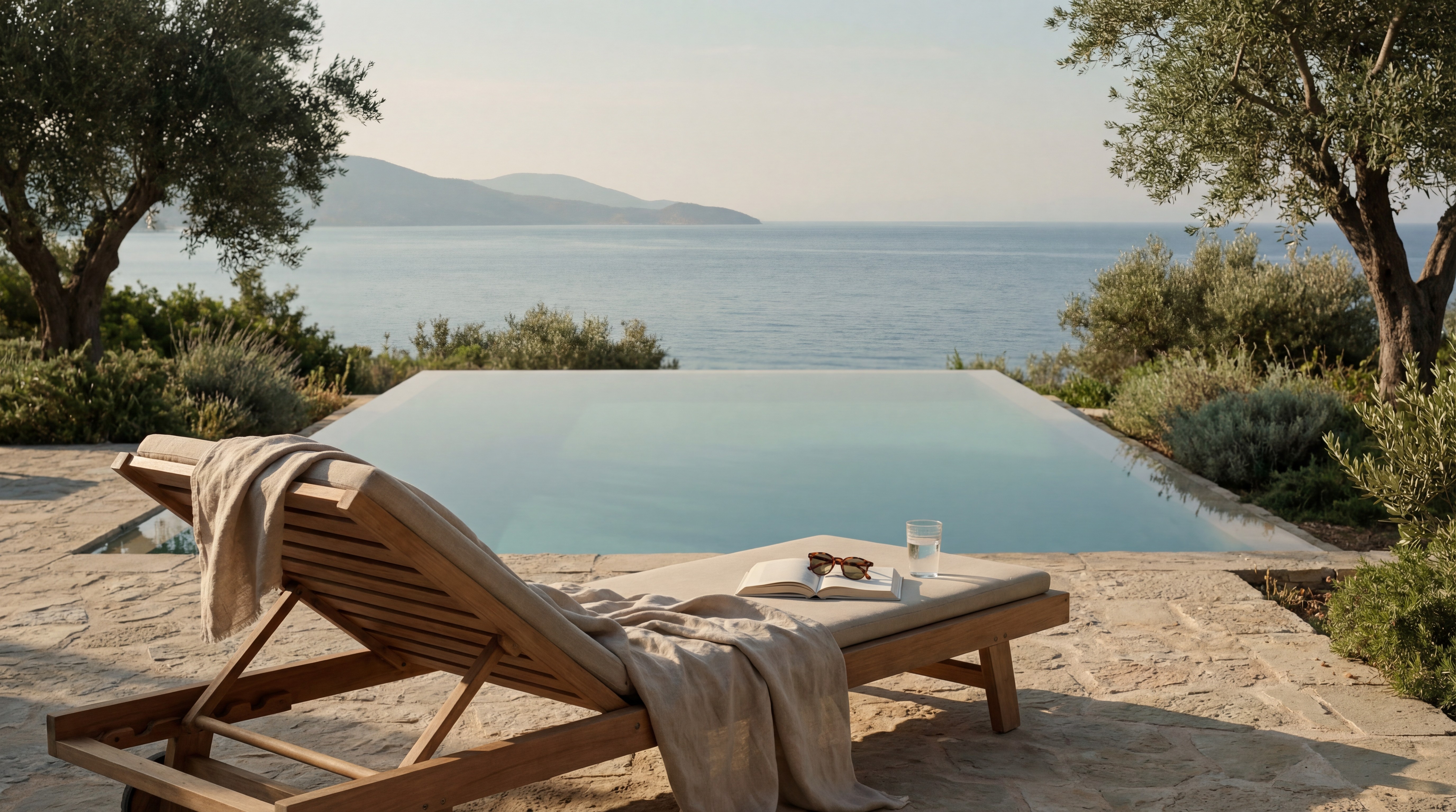 Seafront private villa in Bodrum with infinity pool, sun lounger, and uninterrupted coastal views