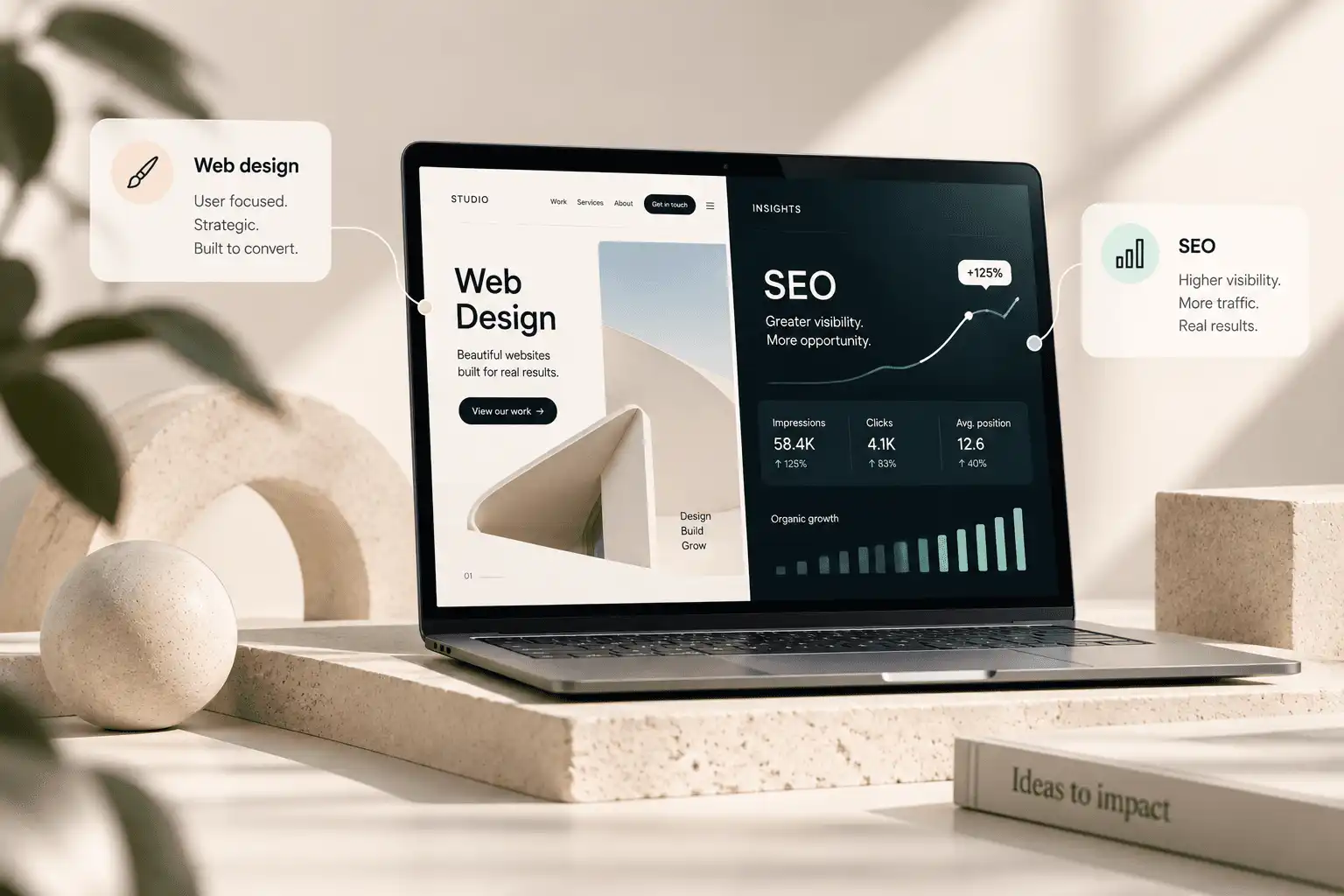 Laptop displaying web design and SEO side by side, representing how website design and search optimisation work together.