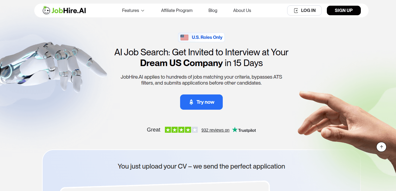 JobHire.AI homepage promising interview invitations at US companies in 15 days through automated applications