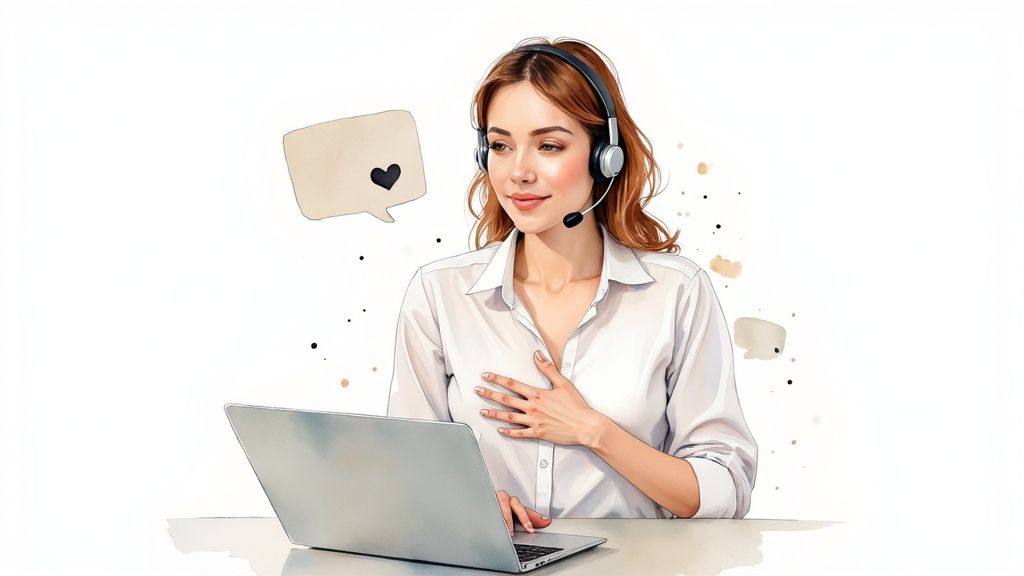 A friendly woman wearing a headset and white shirt smiles while working on a laptop, with a heart speech bubble.