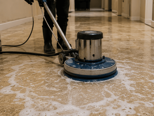 Technician using a floor polisher to restore and increase the gloss of a commercial travertine floor.