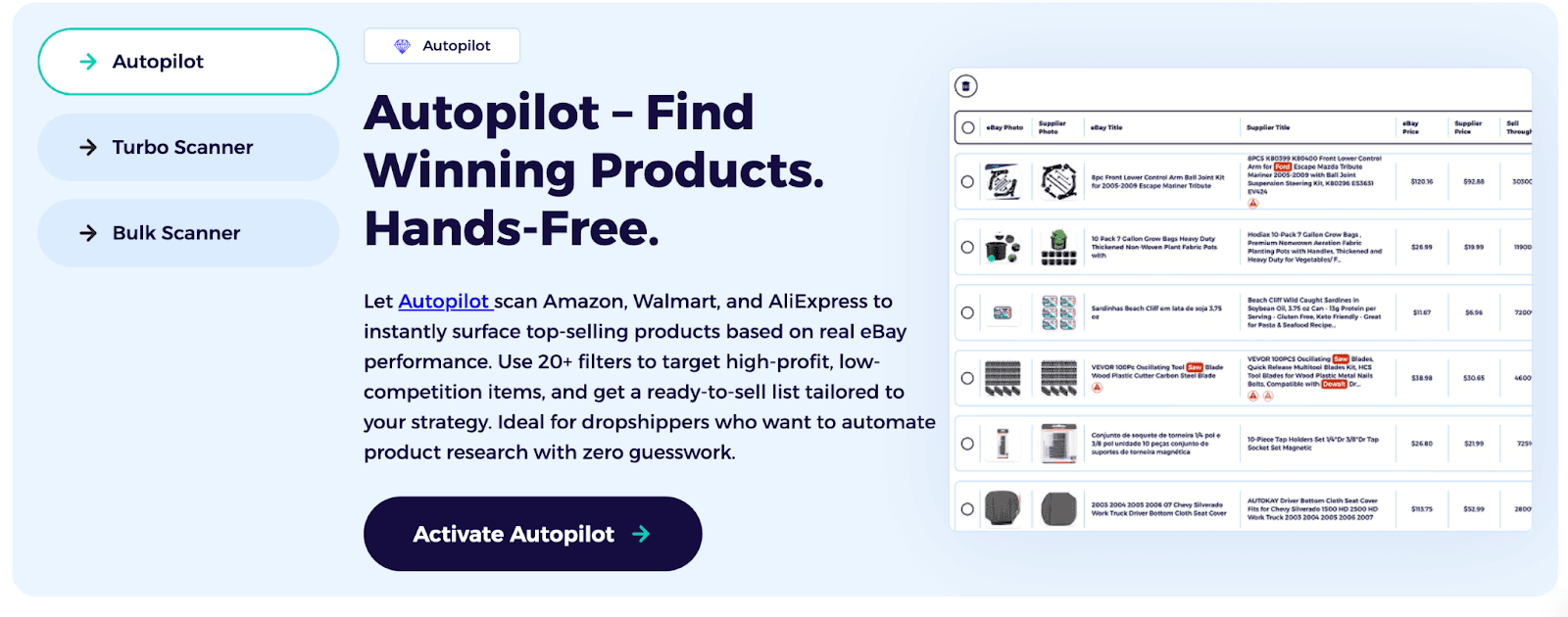 ZIK Autopilot feature page showing product research dashboard