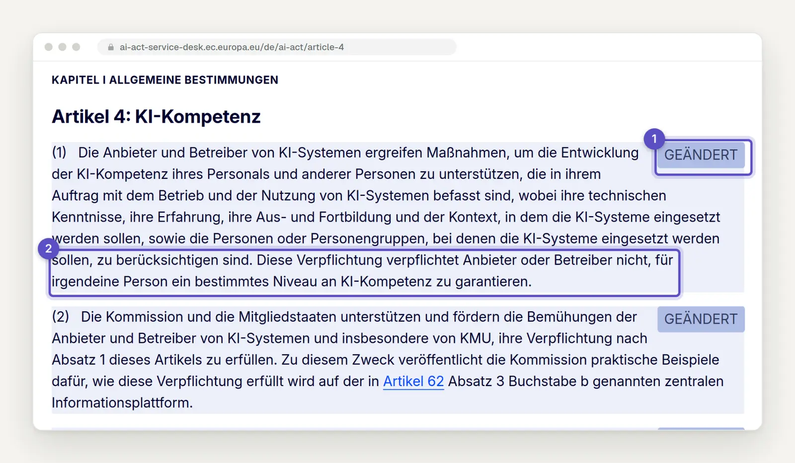 Screenshot des AI Act Service Desk der EU-Kommission: Artikel 4 KI-Kompetenz in der konsolidierten Fassung mit der Kennzeichnung GEÄNDERT und dem markierten Satz, dass kein bestimmtes Niveau an KI-Kompetenz garantiert werden muss